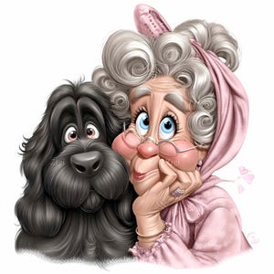 14 PNG Sweet Grandma with Fluffy Dog PNG Clipart, Elderly Woman in Pink with Glasses and Black Puppy, Cute Pet Lover Sublimation Design