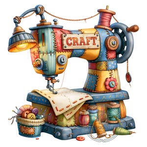 May include: A colorful sewing machine with a patchwork design featuring blue, yellow, and red tones. A wooden sign with the word CRAFT is attached to the side. The machine includes a lamp, a spool of thread, and a basket filled with buttons and needles.