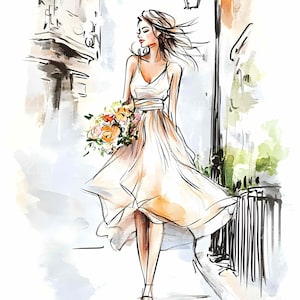 28 JPEG Fashion Girl Clipart JPG, femme élégante en robe fluide avec des fleurs marchant dans les rues de la ville, Art de l'illustration numérique