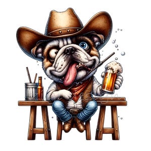 10 PNG Cowboy Bulldog PNG – Funny Dog with Beer Clipart – Western Humor Animal Art for T-Shirts, Tumblers, Sublimation Crafts