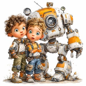 Könnte beinhalten: Illustration von zwei Kindern mit einem großen Roboter. Die Kinder tragen Freizeitkleidung und Stiefel. Der Roboter ist weiß und orange mit mechanischen Details. Das Bild hat einen Cartoon-Stil und ein futuristisches Thema.