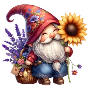 15 PNG Lavande tournesol nain PNG Clipart - nain de jardin souriant avec chapeau floral et panier - art numérique de printemps lunatique