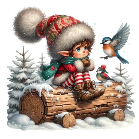 15 PNG Christmas Elf on Log Winter Bird Clipart Sublimation - Etsy