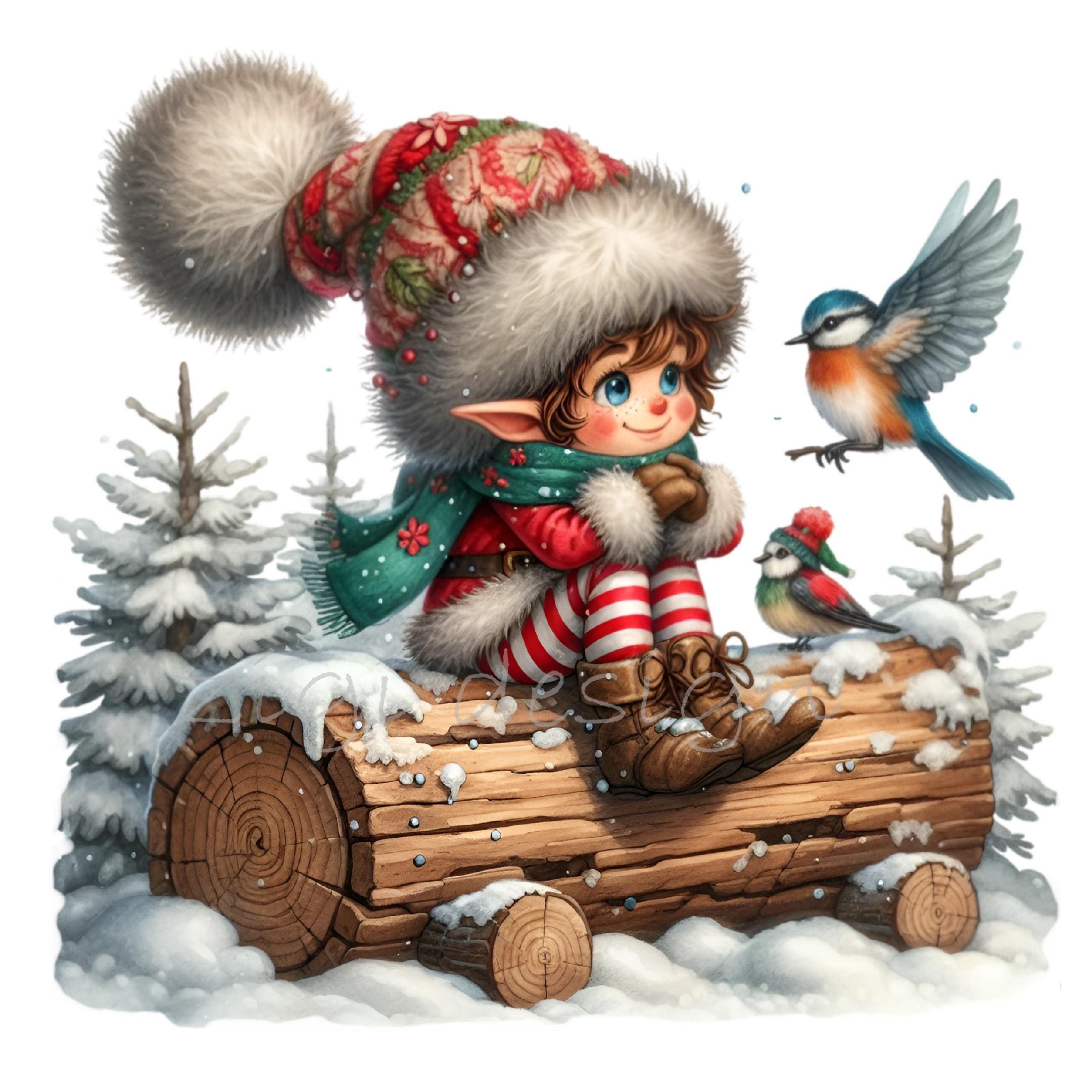 15 PNG Christmas Elf on Log Winter Bird Clipart Sublimation - Etsy