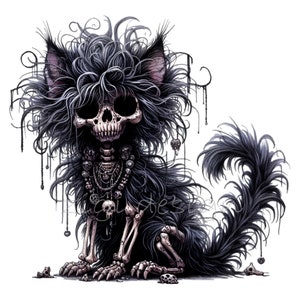 12 imágenes prediseñadas de gato esqueleto: gatito gótico con calavera peluda con pelaje negro y accesorios: arte digital espeluznante para descargar