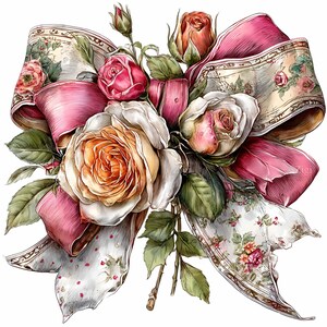May include: A digital illustration of a bouquet of roses with a pink ribbon. The roses are in shades of white, pink, and orange, with green leaves. The ribbon has a floral pattern and is a mix of pink and cream colors.