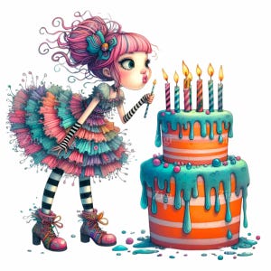 15 anniversaire fille PNG Clipart, jolie fille avec une robe en couches et un gâteau, art numérique pour les travaux manuels de fête