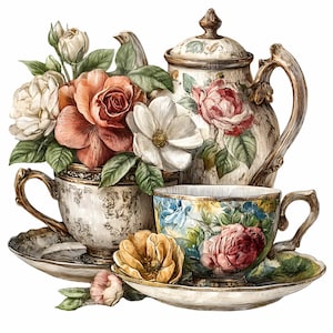May include: An illustration of a vintage tea set featuring a teapot, two teacups, and saucers. The set is decorated with floral patterns and gold accents. A bouquet of roses and other flowers is arranged in one of the teacups.