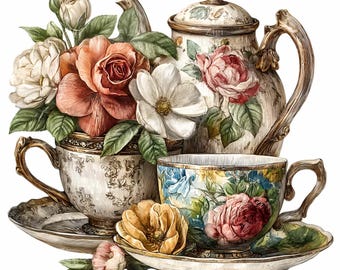 11 PNG Tee Clipart - Vintage Teetasse mit Rosen PNG - Florale Shabby Chic Kunstwerk für Teepartydekor, Einladungen, Sublimation, Wandkunst
