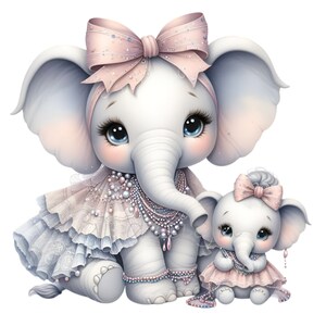 May include: Two adorable, cartoon-style, gray elephants wearing pink dresses and pearl necklaces. The larger elephant has a pink bow in her hair and the smaller elephant has a pink bow on her head. Both elephants are sitting on a white background.