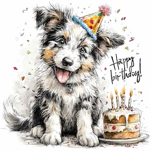 12 Image de chien d'anniversaire JPEG - Clipart JPG de chiot mignon - Art imprimable pour animaux de compagnie pour décoration de fête d'enfants, cartes de voeux, décorations de gâteau, invitations