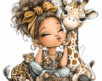 12 PNG Safari Giraffe Leopard Clipart, Jungle Animal Girl Print