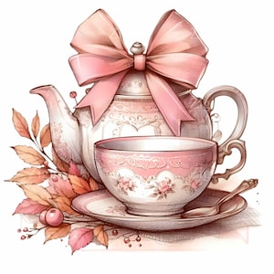 Clipart vintage de théière et tasse de thé avec noeud rose, 15 élégant service à thé Illustration, numérique PNG, décoration de cuisine, Art amateur de thé