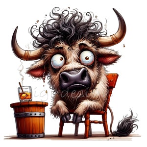 12 Funny Bull PNG Clipart, Stressed Cartoon Highland Cow with Drink, Whimsical Animal Art, Bar Decor, Digital Instant Download
