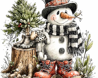 15 schattige sneeuwpop-clipart png – kerstlaarzen png – ideaal voor winterkaarten, vakantieambachten, rustiek decor, printprojecten in het bos