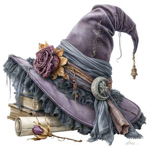 May include: A lilac witch hat with a wide brim, decorated with a large rose, lace trim, and a crescent moon and star buckle. A stack of books and a scroll are next to the hat. The hat has the word "Zigi" on it.