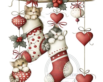16 Christmas Kitten Stocking Png, Hanging Heart Ornament Vintage Illustration