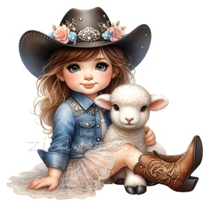 Cowgirl Clipart - Cute Girl with Lamb PNG - Western Country Art for Stickers, Scrapbooking, Card Making & Digital Planner Designs