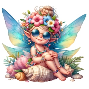 12 imágenes PNG de hadas de playa, hada de verano con gafas de sol y conchas, arte de fantasía tropical para sublimación y decoración de habitaciones infantiles.