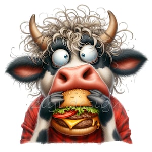 12 PNG Imágenes prediseñadas de hamburguesa de vaca divertida – Hamburguesa con queso PNG – Arte humorístico de animales de granja para decoración de barbacoas, impresiones de comida, pegatinas y manualidades para fiestas