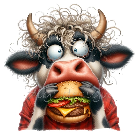 12 PNG Funny cow burger clipart – Cheeseburger PNG – Humorous farm animal art for BBQ decor, food prints, stickers and party crafts