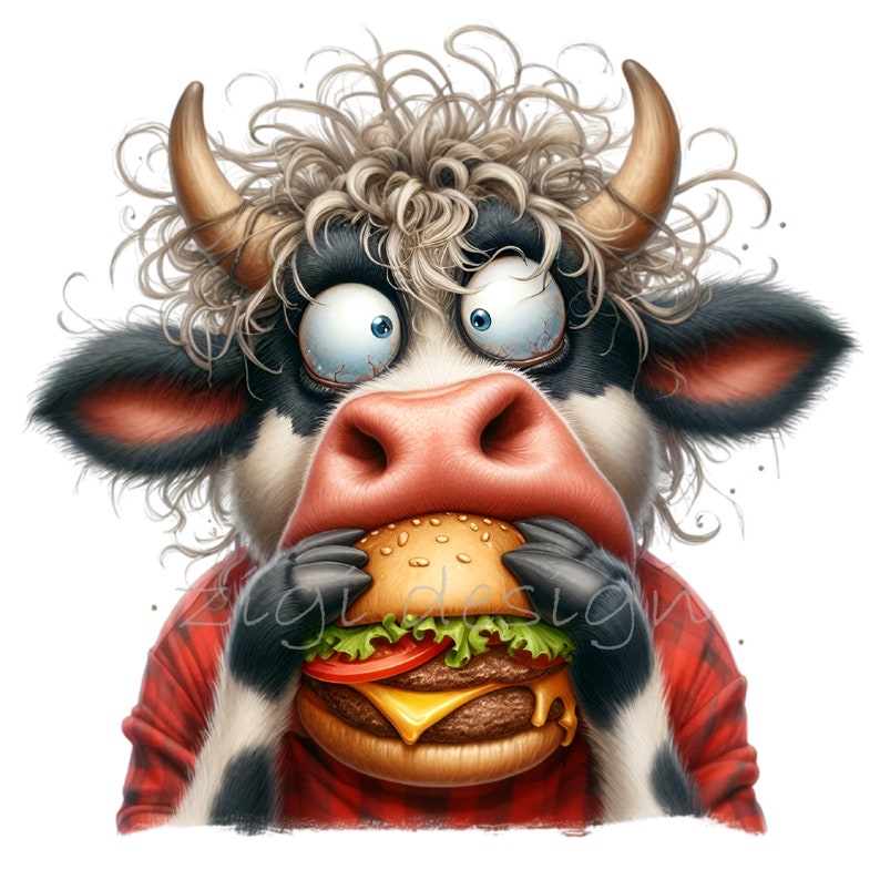 Funny cow burger clipart – Cheeseburger PNG – Humorous farm animal art for BBQ decor, food prints, stickers and party crafts