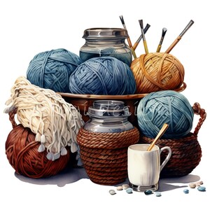 20 cliparts PNG avec des tasses, des paniers, des pinceaux, des pelotes de laine bleues et brunes, scène d'artisanat d'automne imprimable