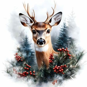 16 Clipart di cervi invernali JPEG – Cervo maschio del bosco con bacche JPG – Arte rustica della foresta natalizia per decorazioni natalizie o design stampabile stagionale