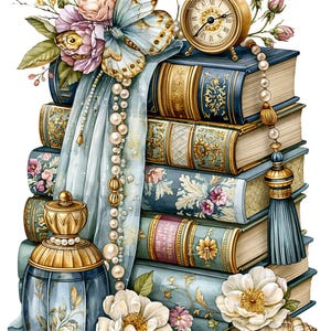 May include: A stack of five vintage-style books topped with a gold alarm clock, a large butterfly, and pink flowers. A blue perfume bottle, a string of pearls with a blue tassel, and white flowers are arranged at the base of the book stack.