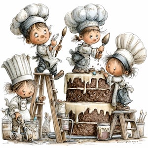 Peut inclure: Illustration de quatre petits chefs de dessin animé décorant un grand gâteau au chocolat à trois étages avec du glaçage blanc. Les chefs, portant des chapeaux et des tabliers blancs, utilisent des pinceaux et des outils. Un chef est sur une échelle, d'autres sur le gâteau et des tabourets.