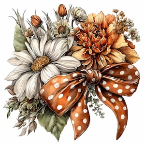 May include: Watercolor illustration of a floral arrangement featuring a large white daisy, orange peony, and a brown polka-dot bow. The bouquet includes various other flowers and greenery, with a soft, artistic style.