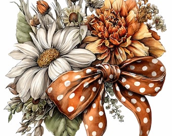 15 PNG Polka Dot Bow Autumn Floral Clipart – Rustic Fall Bouquet Illustration for Crafts, Wall Art, Cards, Sublimation, DIY Printable Decor