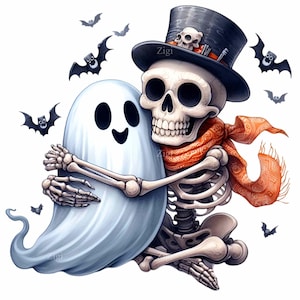 15 PNG Scheletro carino che abbraccia un fantasma PNG Clipart, Teschio di Halloween con cappello a cilindro e sciarpa con pipistrelli, Divertente design spettrale a sublimazione