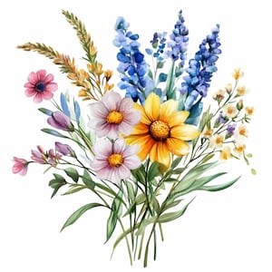 20 種類の野生の花束 PNG クリップアート、黄色、紫、青の水彩画風の素朴な野の花、花柄の春のデジタルダウンロード