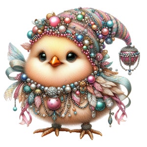 10 cliparts PNG poussin mignon avec chapeau de bouffon, perles, plumes et bijoux – oeuvre d'art d'oiseau fantaisiste pour travaux manuels et décoration
