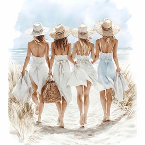 25 JPEG Beach Girls JPG Clipart, Letnie kobiety w kapeluszach przeciwsłonecznych, Pobieranie cyfrowe wakacji nadmorskich, Ilustracja bryzy oceanicznej