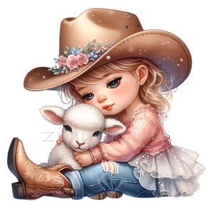 May include: A young girl wearing a brown cowboy hat with pink flowers and a white lace dress holds a white lamb in her arms. She is wearing blue jeans and brown cowboy boots.