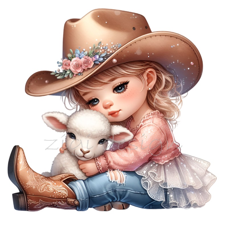 May include: A young girl wearing a brown cowboy hat with pink flowers and a white lace dress holds a white lamb in her arms. She is wearing blue jeans and brown cowboy boots.