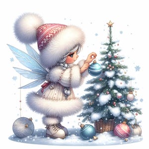 16 JPEG Weihnachtsfee - Wintermädchen, die Baum schmücken JPG - Niedliche Feiertagscliparts für Kinderkarten, festliche Drucke und saisonales Kunsthandwerk