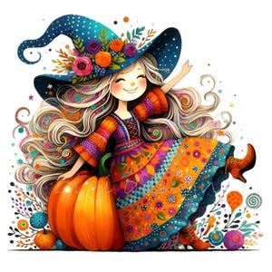 15 colorate streghe autunnali PNG Clipart, ragazza sorridente in abito floreale con zucche e cappello magico, arte autunnale di Halloween