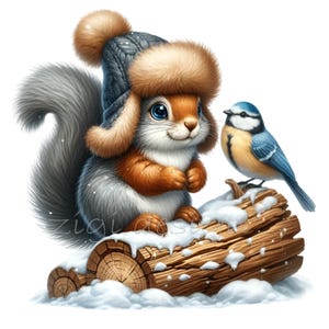 10 imágenes PNG de ardillas invernales, adorable ardilla con sombrero y pájaro, arte digital, sublimación de amigos del bosque nevado, diseño animal