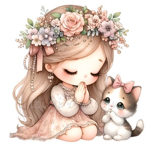 Clipart di preghiera, Clipart cristiano, ClipArt di ragazza, 10 acquerelli di gatti PNG, diario spazzatura, creazione di biglietti, arte della parete della scuola materna, stampabile a sublimazione