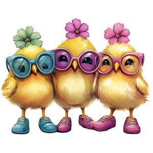 12 Lustiges Küken Trio PNG Clipart - Süße Gelbe Küken mit Brille und Blumen - Wunderliche Cartoon Illustration