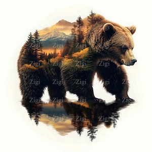 16 JPEG Orso Foresta Doppia Esposizione JPG Clipart, Fauna Selvatica Montagna Arte Digitale, Natura Paesaggio JPEG Design