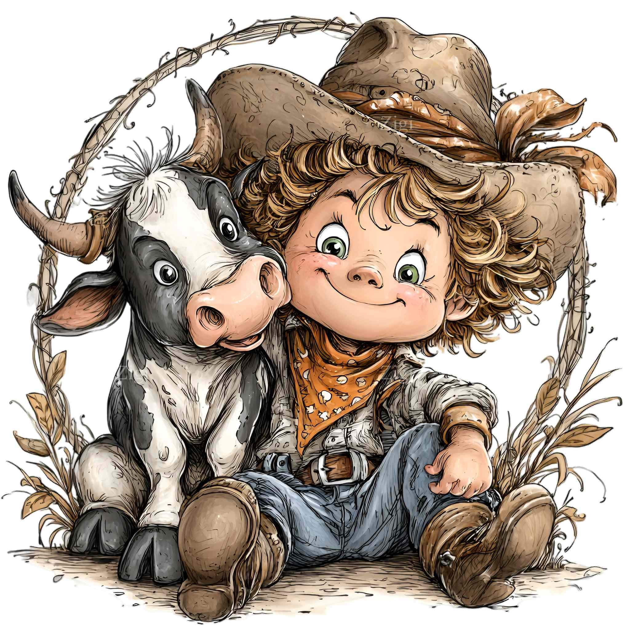 10 PNG Western Farm Clipart – Cowboy Boy Riding Cow PNG – Kids Nursery ...