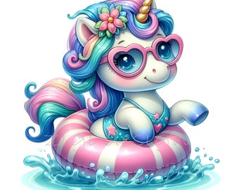 10 PNG Pool Party Einhorn, Sommer Urlaub Sonnenbrille Magische Clipart