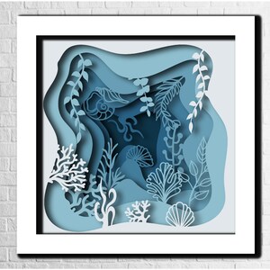 Ocean Shadowbox 3D Paper Cut Warstwowy Szablon Diorama Urodzinowa Podwodna Lightbox Ozdoba Grafika Wielowarstwowa SVG DXF
