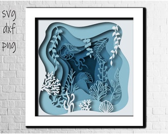 Ocean Shadowbox 3D-papier gesneden gelaagde sjabloon verjaardag diorama onderwater lightbox ornament artwork meerlaagse SVG DXF