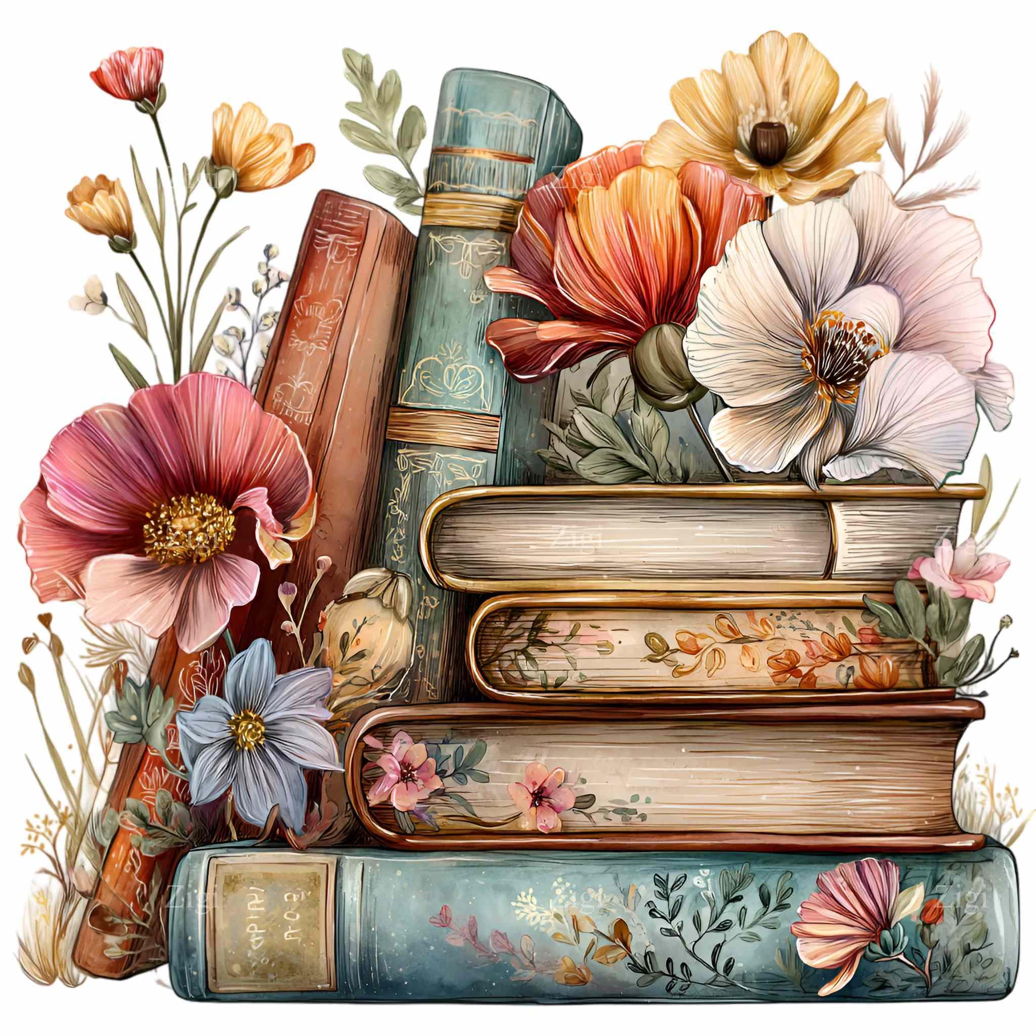 12 PNG Vintage Books Flowers Clipart – Botanical Book Stack ...