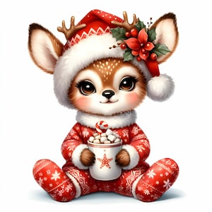 11 Renne des fêtes JPEG – Joli clipart de cerf de Noël JPG – Art animalier chocolaté chaud pour cartes de fête, travaux manuels pour enfants ou décoration d'hiver